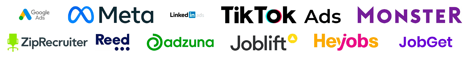 Amplify partner platforms including Google Ads, Meta, LinkedIn Ads, TikTok Ads, Monster, ZipRecruiter, Reed, Adzuna, Joblift, Heyjobs and JobGet