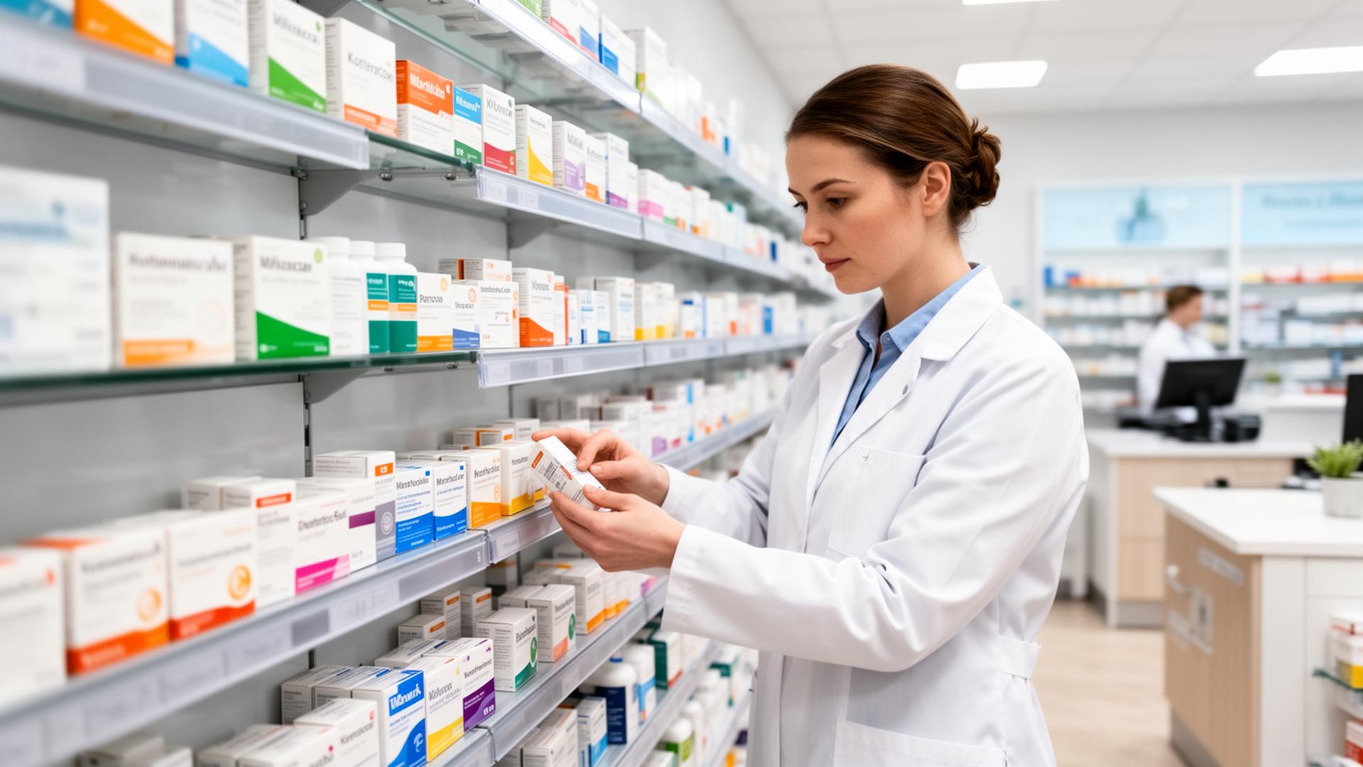 Pharmacist checking stock
